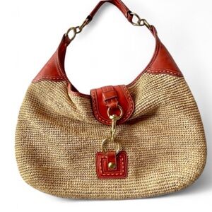 Coach Red and Tan Straw Raffia Woven Hobo Bag with Leather Trim